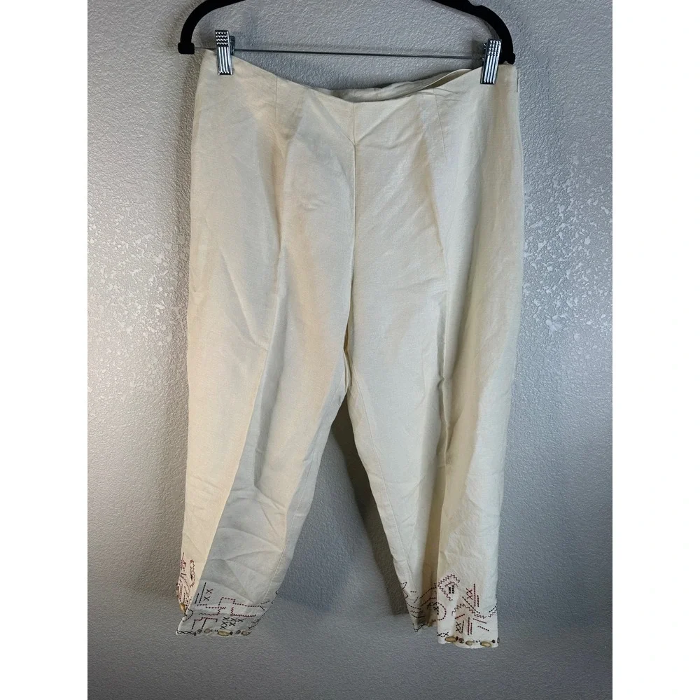 Hearts of Palm Women's Cream Linen Blend Embroidered Pant and Top Set Size 14